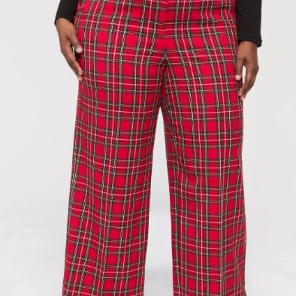 Lane Bryant Stretch Waist Plus Size 28W Pants Red Plaid Trouser Wide Leg - Picture 1 of 6